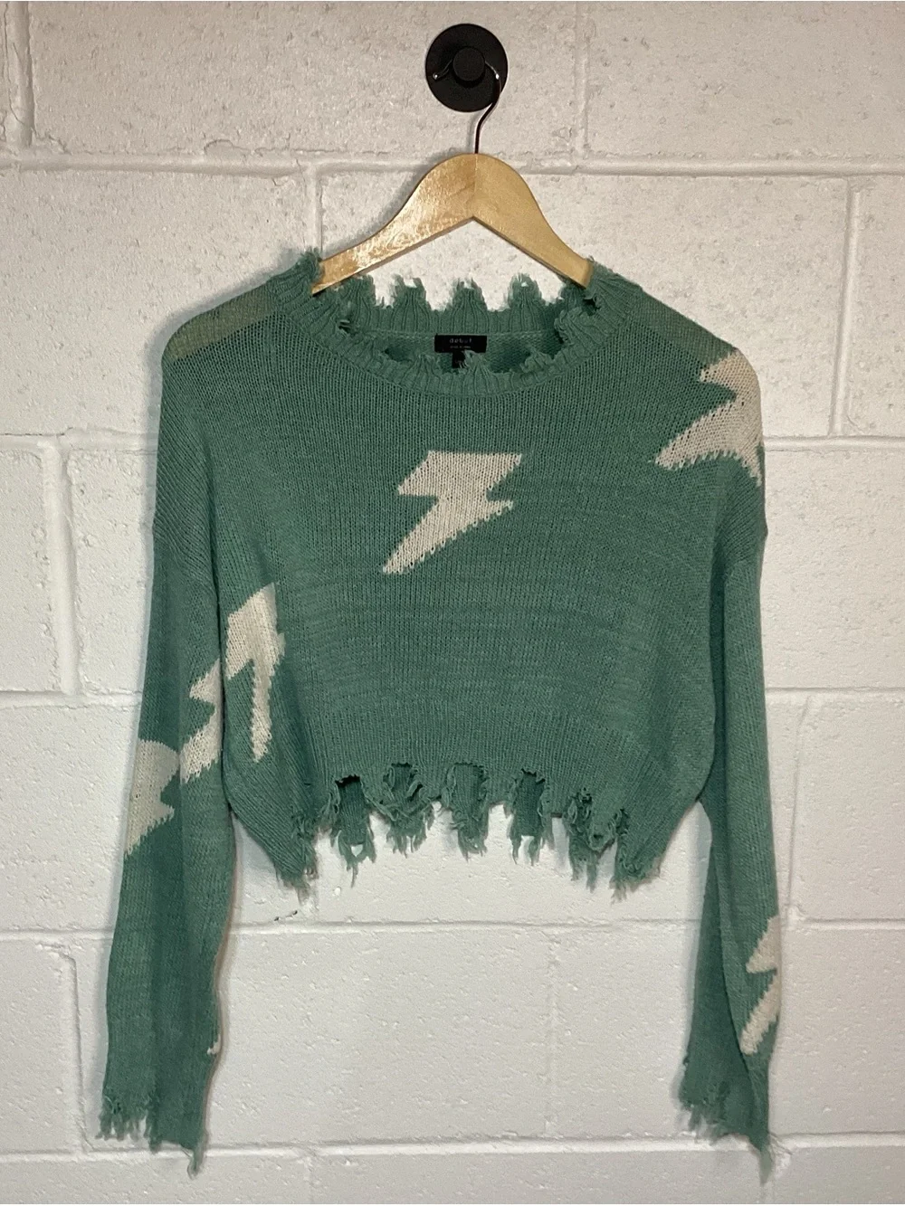 Debut Sage Green Cropped Lightning Knit Sweater Distressed